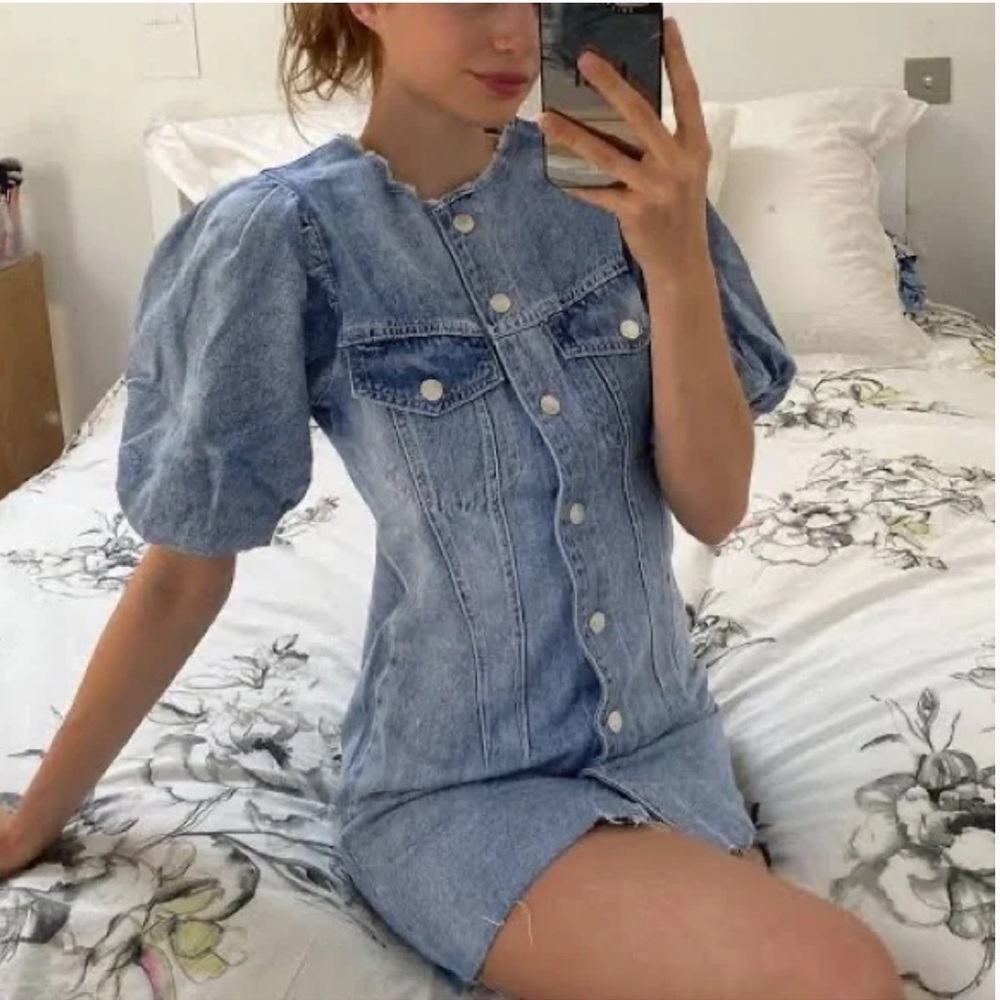 BERSHKA Puff Sleeve Denim Cinched Button-up Mini Dress